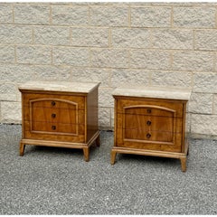 1970s a Pair of Mid Century Burl Wood Nightstands With Travertine Tops