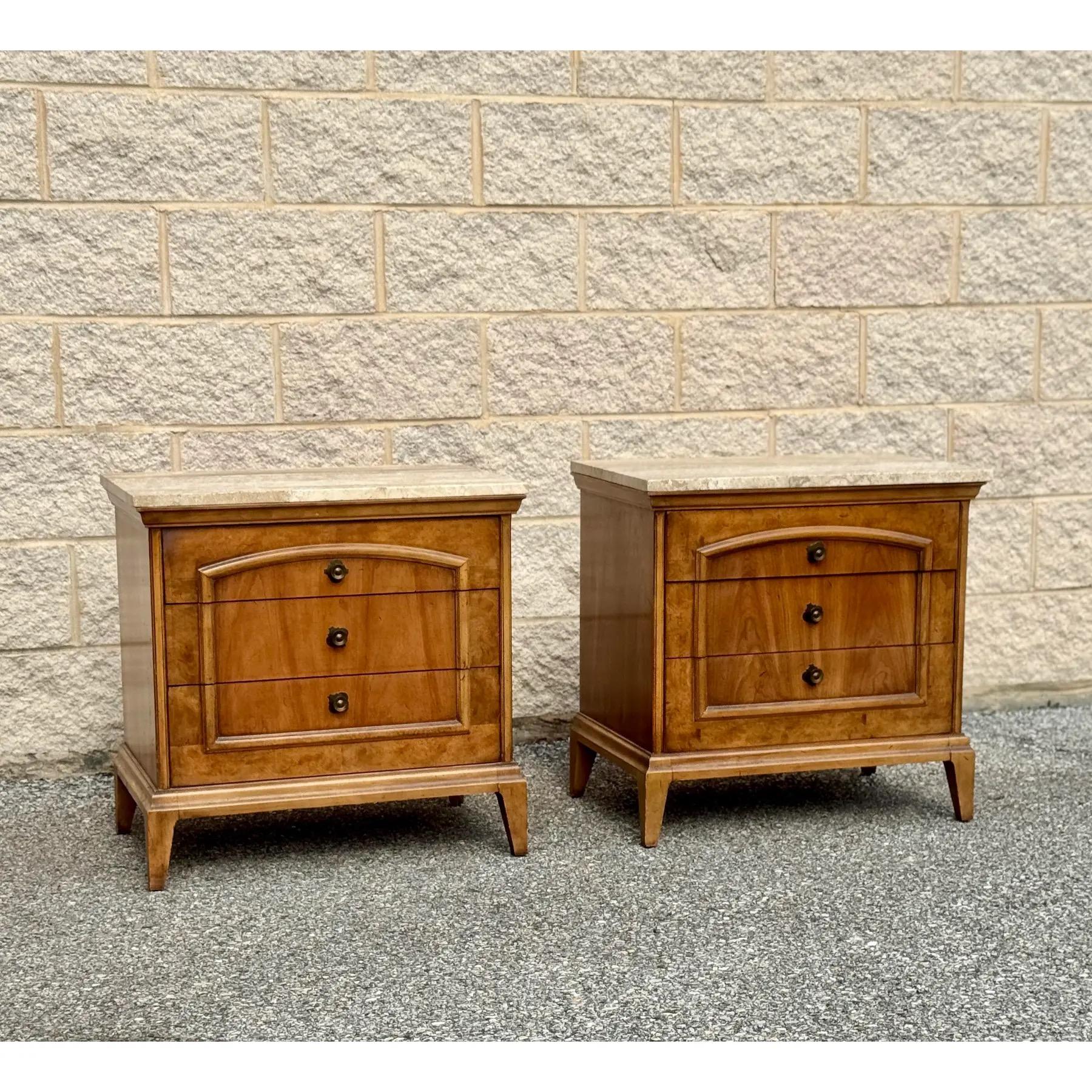 Mid-Century Modern 1970s a Pair of Mid Century Burl Wood Nightstands With Travertine Tops For Sale