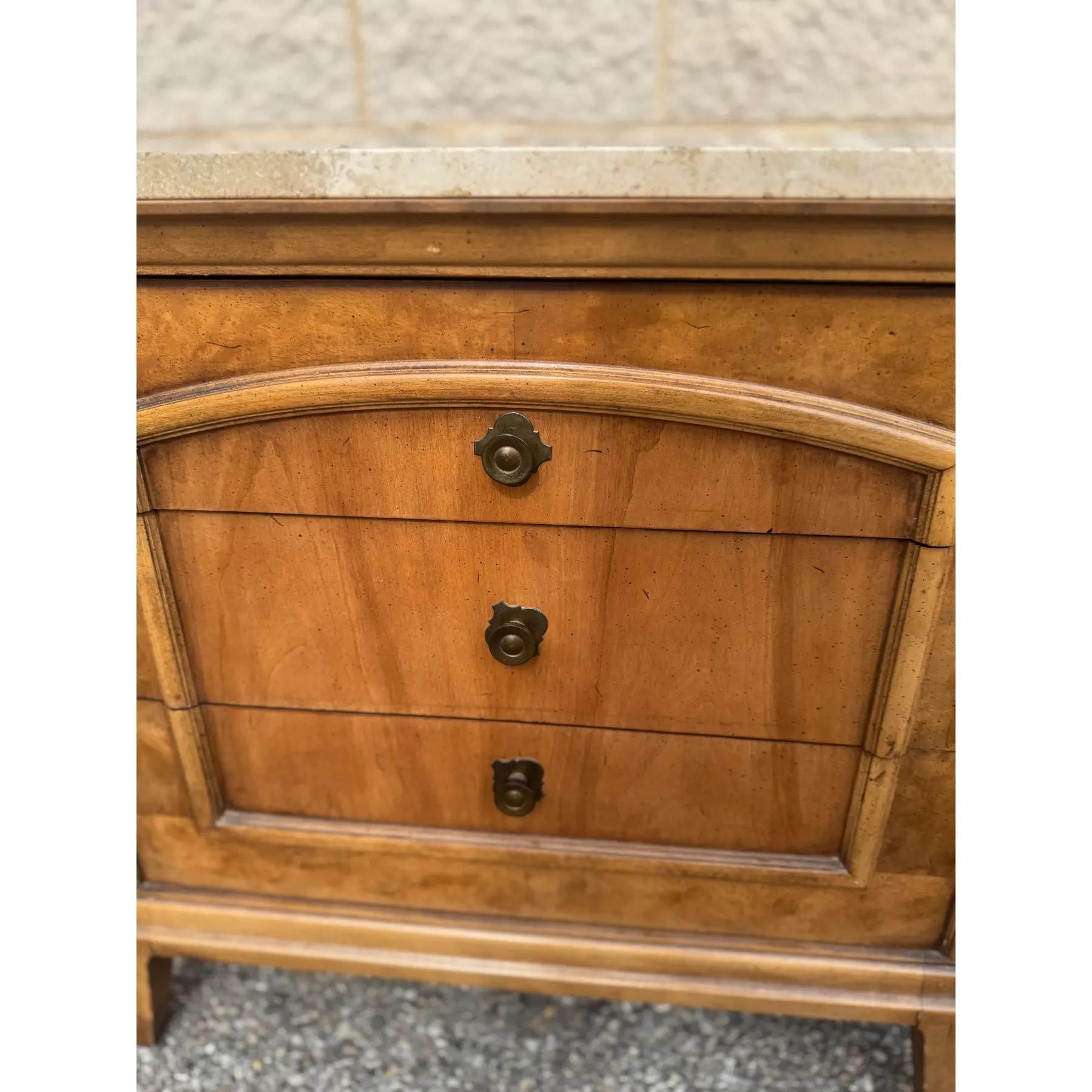 American 1970s a Pair of Mid Century Burl Wood Nightstands With Travertine Tops For Sale