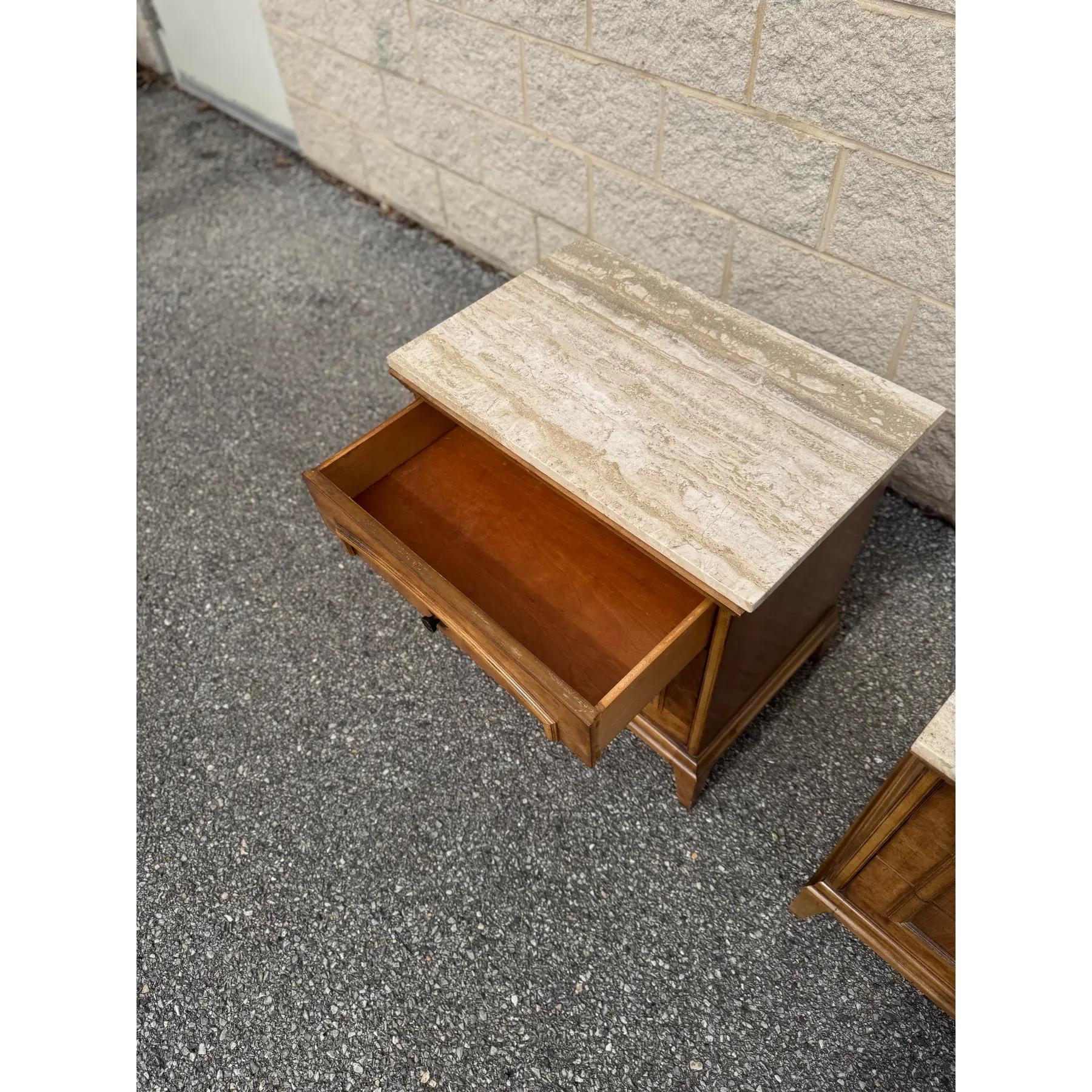Brass 1970s a Pair of Mid Century Burl Wood Nightstands With Travertine Tops For Sale