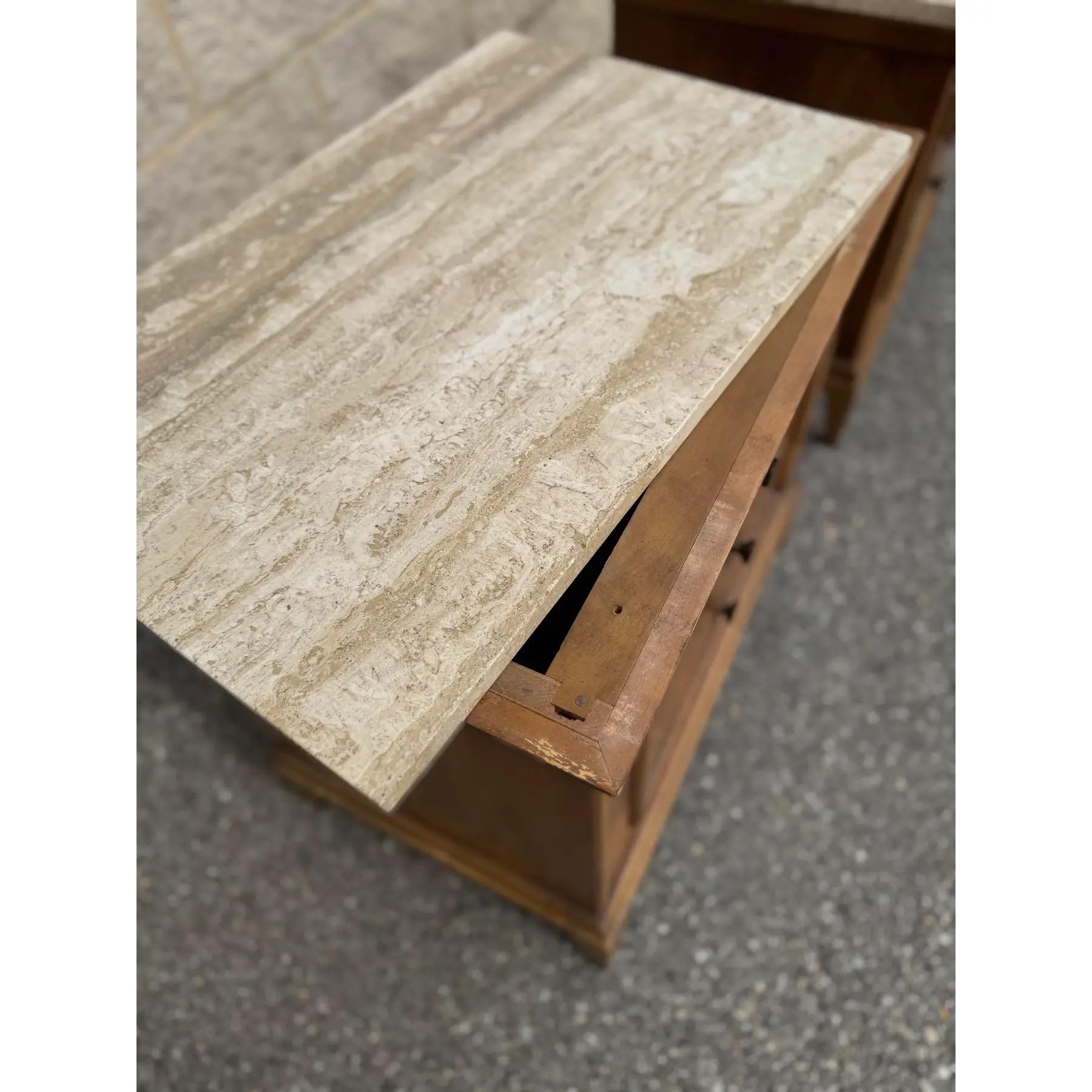 1970s a Pair of Mid Century Burl Wood Nightstands With Travertine Tops For Sale 1