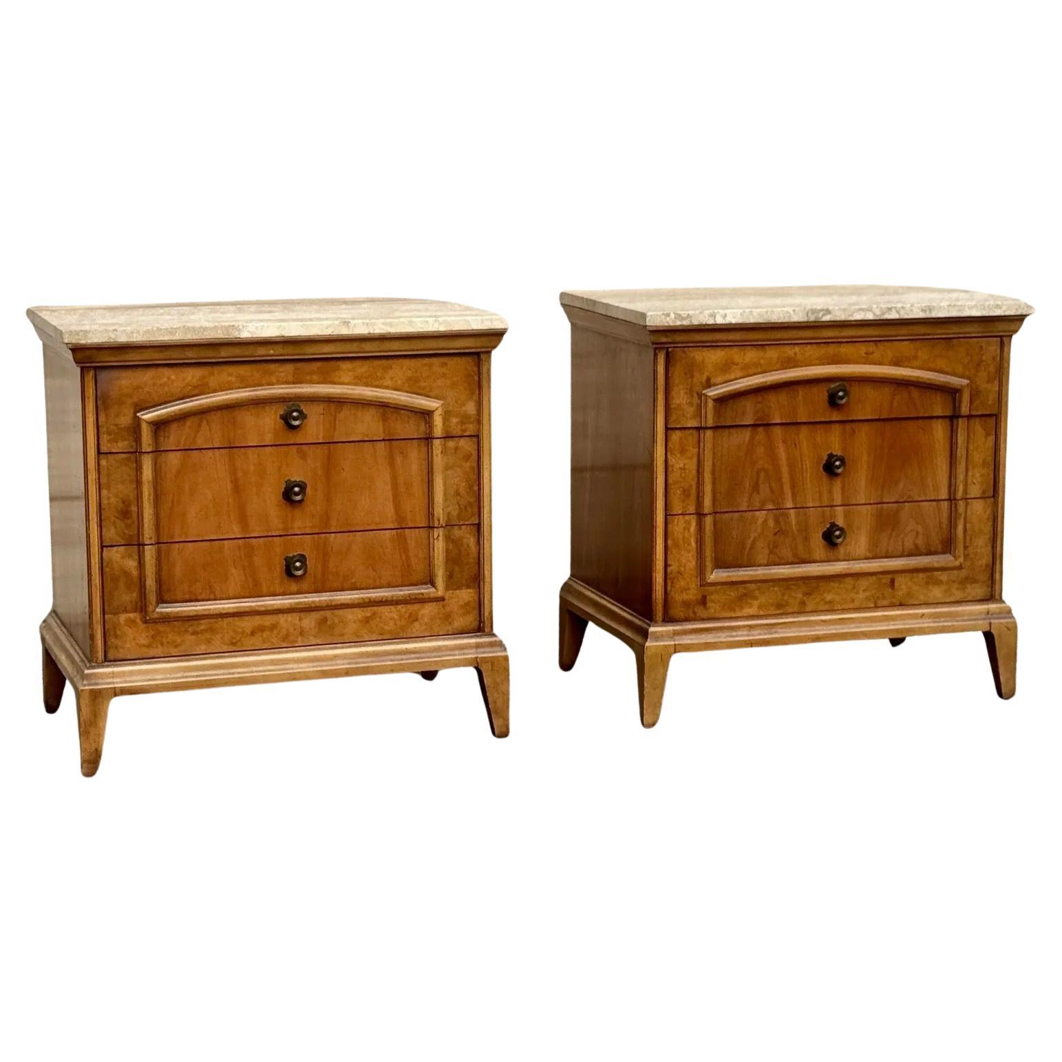1970s a Pair of Mid Century Burl Wood Nightstands With Travertine Tops For Sale