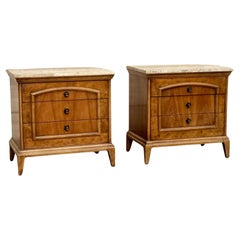 1970s a Pair of Mid Century Burl Wood Nightstands With Travertine Tops