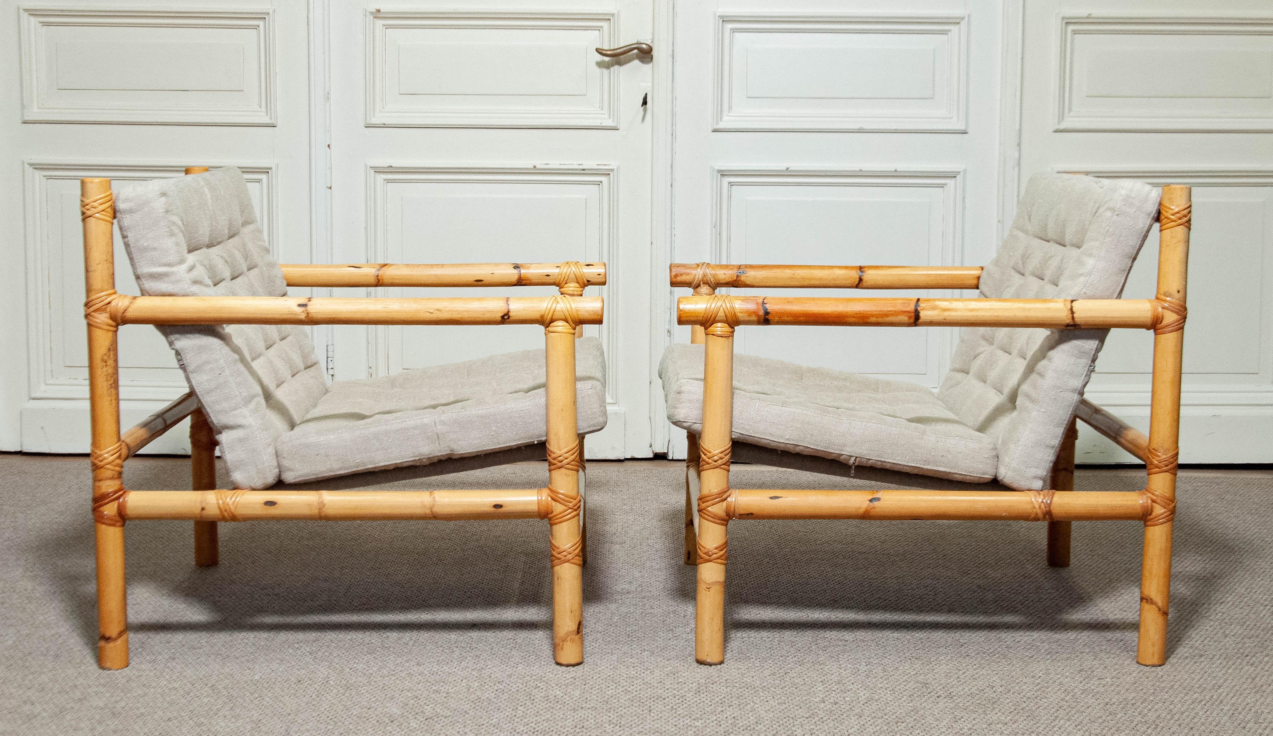 Linen 1970s A Pair of Swedish Bamboo and Rattan Lounge Chairs