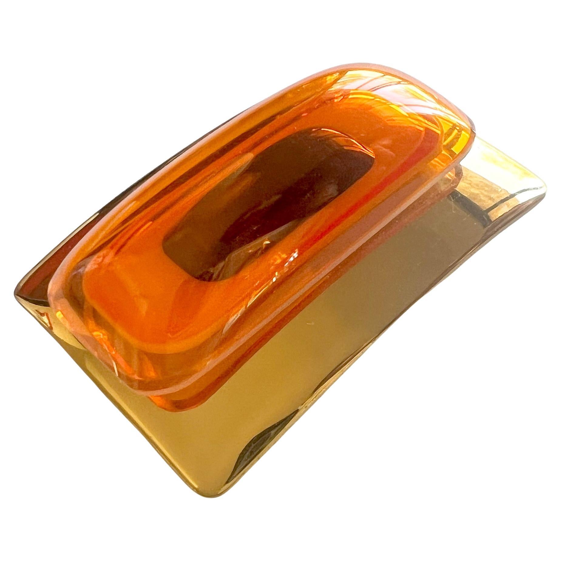 Artisan 1970s Aaronel deRoy Gruber Orange Vacuum Formed Plexiglas Brass Belt Buckle For Sale