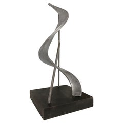1970s Abstract Aluminum Sculpture on Black Wooden Base