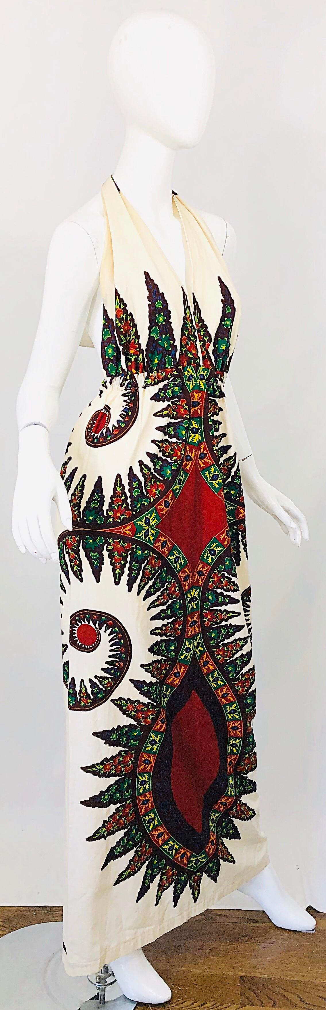 1970s Abstract Boho Vintage Ivory Colorful 70s Halter Cotton Maxi Dress ...