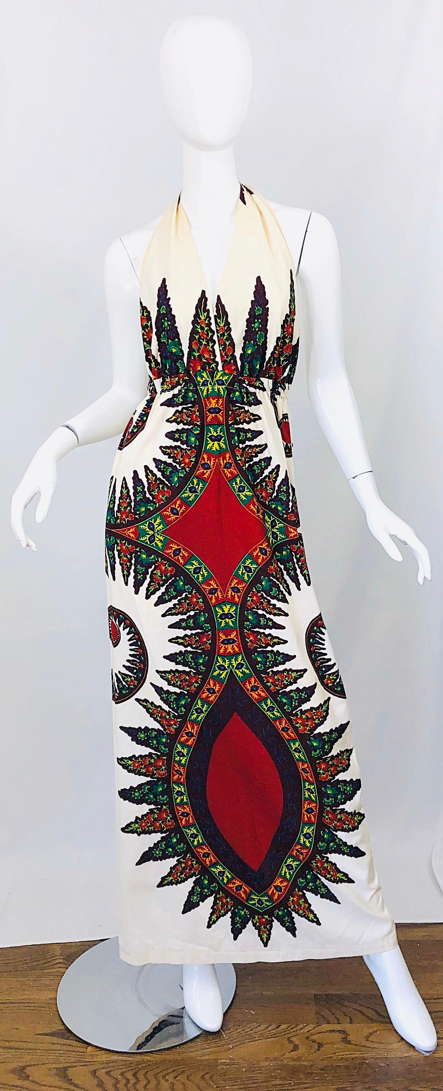 1970s Abstract Boho Vintage Ivory Colorful 70s Halter Cotton Maxi