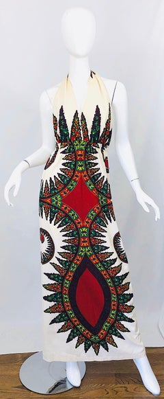 1970s Abstract Boho Vintage Ivory Colorful 70s Halter Cotton Maxi Dress