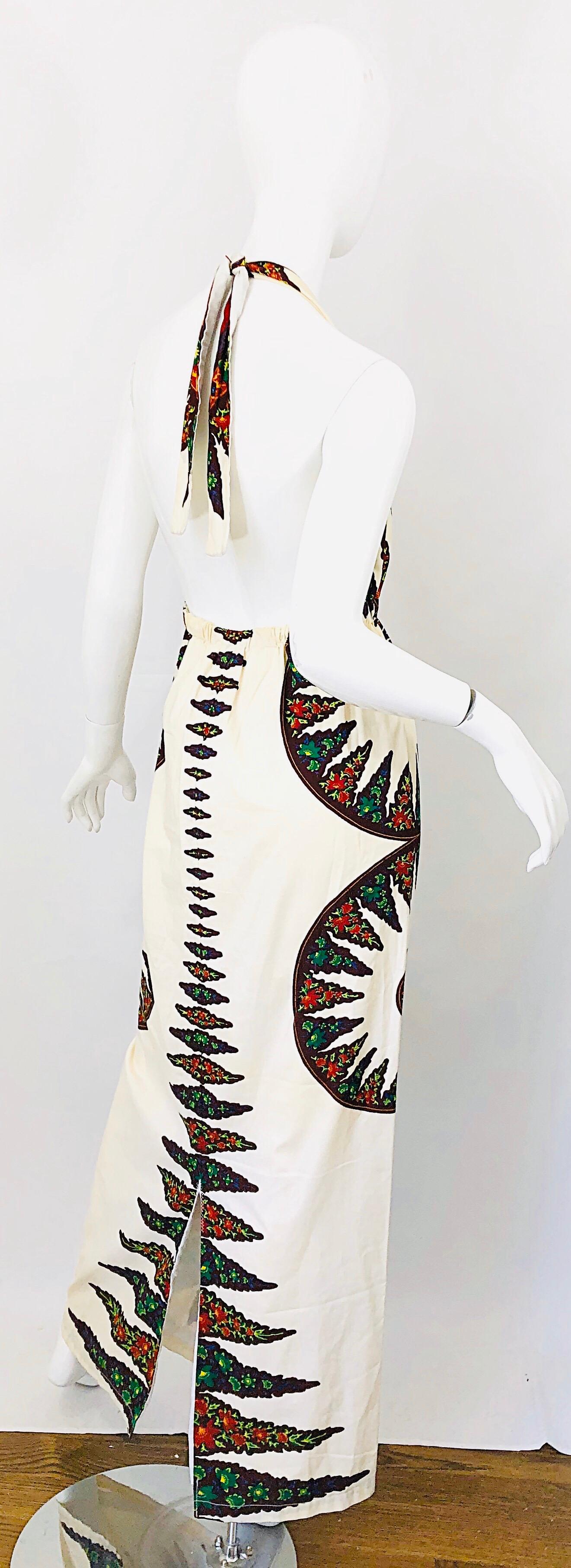 1970s Abstract Boho Vintage Ivory Colorful 70s Halter Cotton Maxi Dress ...