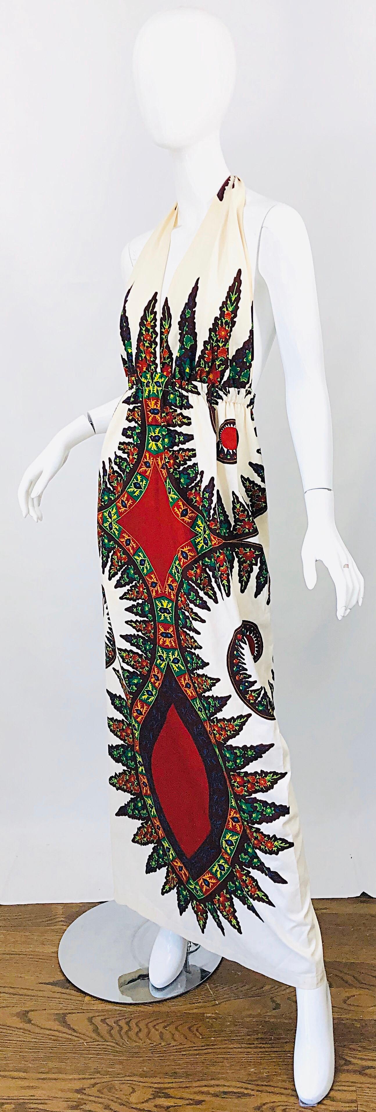 1970s Abstract Boho Vintage Ivory Colorful 70s Halter Cotton Maxi Dress ...