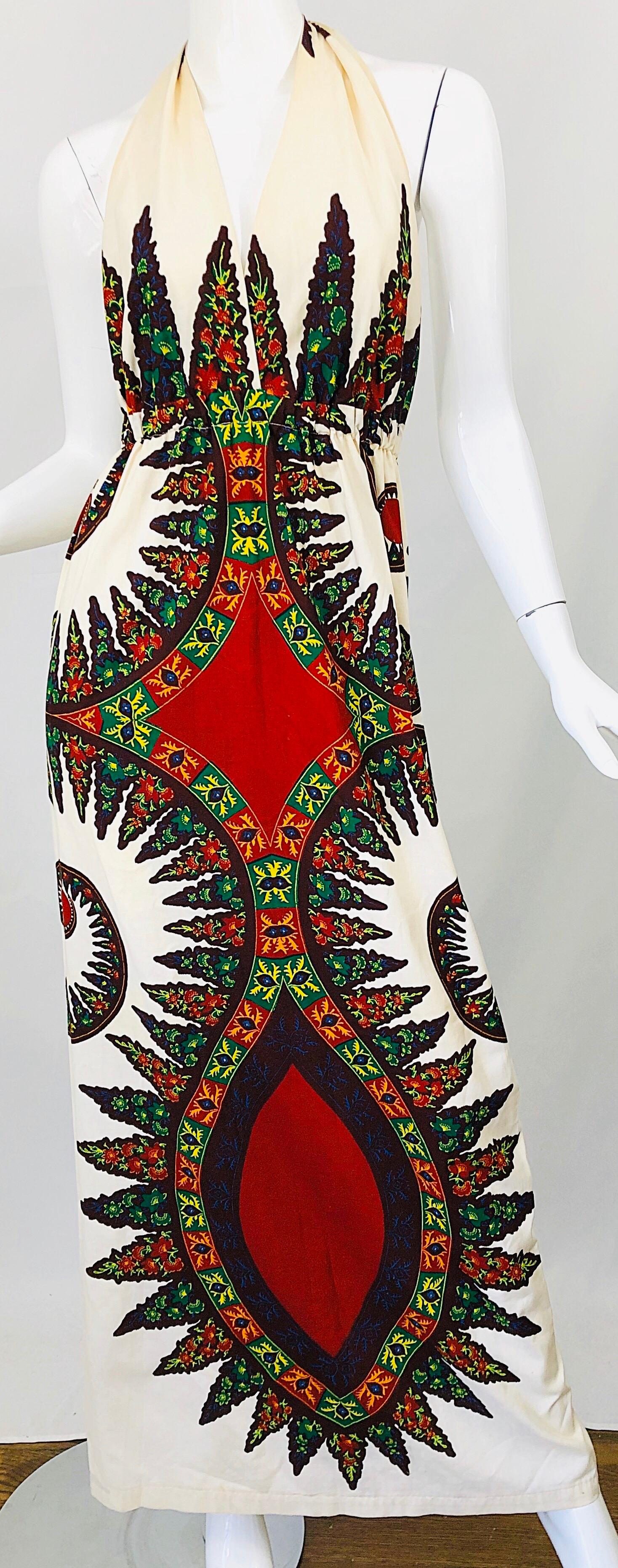 1970s Abstract Boho Vintage Ivory Colorful 70s Halter Cotton Maxi Dress ...