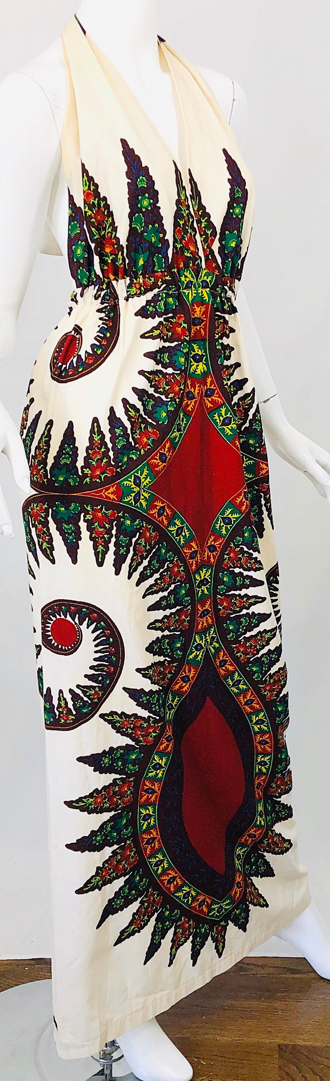 1970s Abstract Boho Vintage Ivory Colorful 70s Halter Cotton Maxi Dress ...
