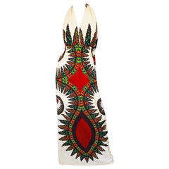 1970s Abstract Boho Vintage Ivory Colorful 70s Halter Cotton Maxi Dress