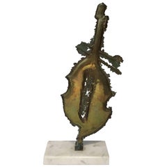 1970s Abstract Brass Sculpture on White Marble Base