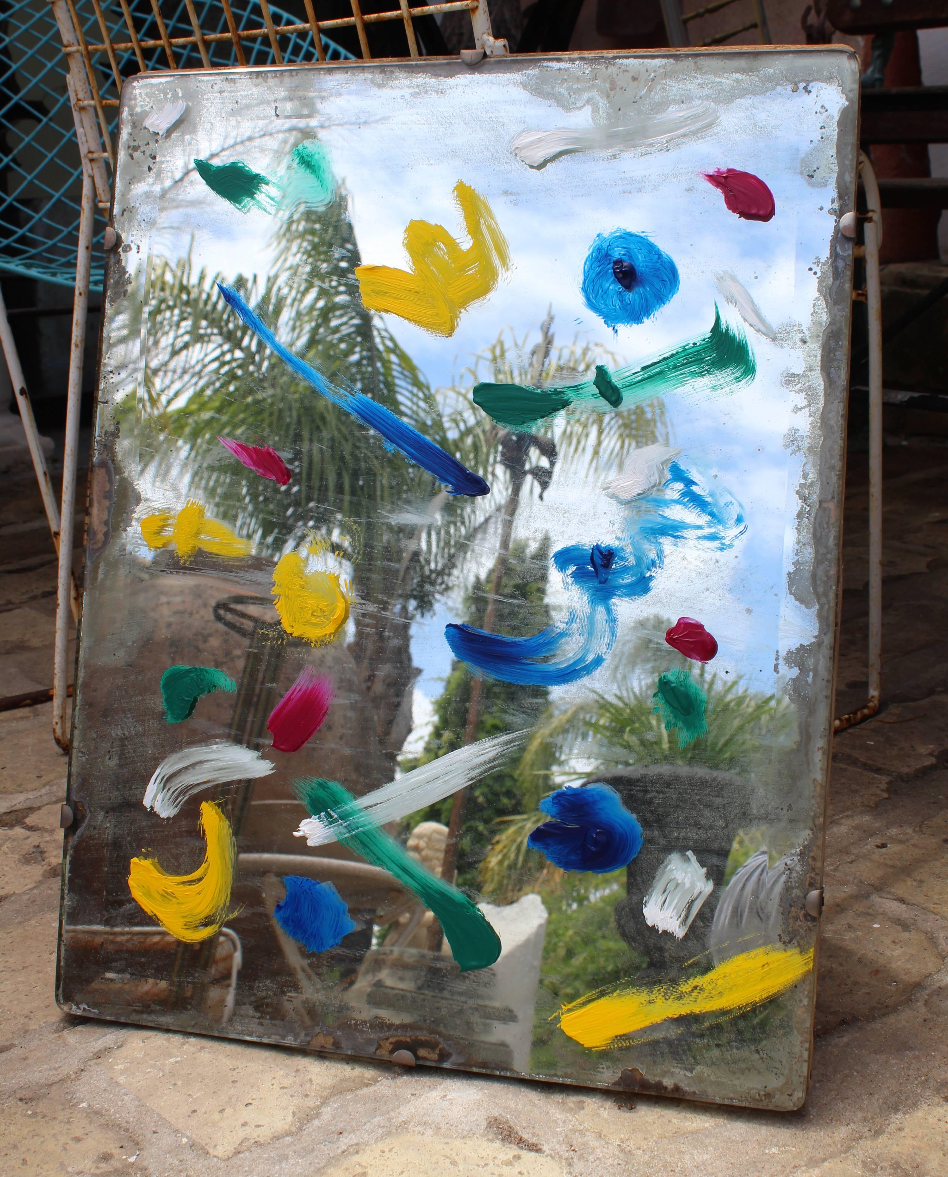Spanish 1970s Abstract Decorated Bevelled Mirror For Sale