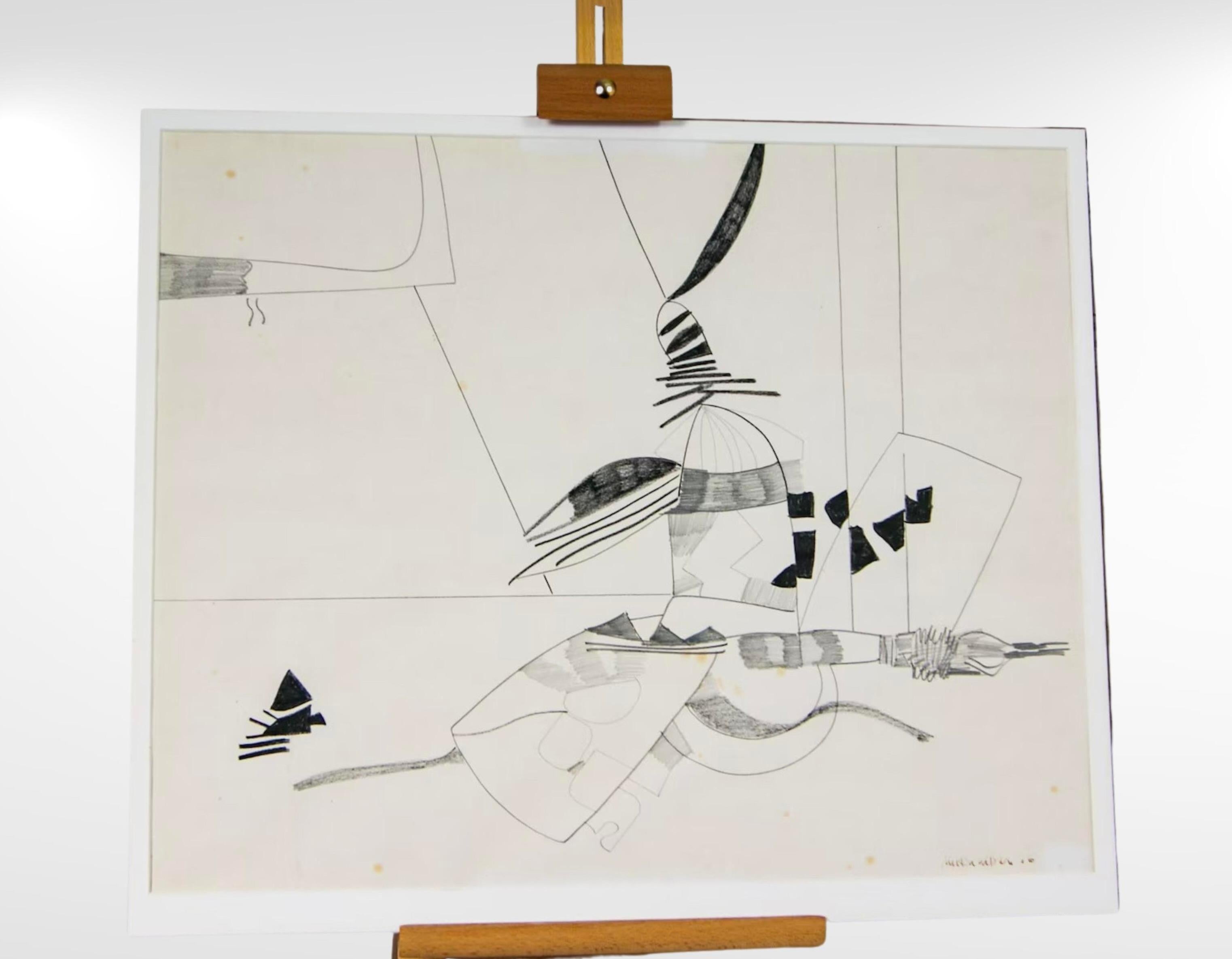 Original abstract drawing, pencil and graphite on artist paper, in colours black and white, by Oregon born artist Milton Wilson.
This is part of a selection of 3 works marked Oct 76 and numbered 5c.
Offered unframed on a white cardboard mount.