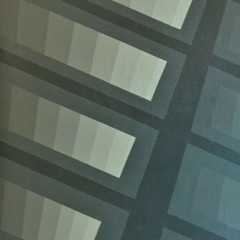 Painting in tones of grey and mauve on canvas by Dutch Ton Pape 1976 looks like focus on an architectural detail of a modernist building with aluminium frame.