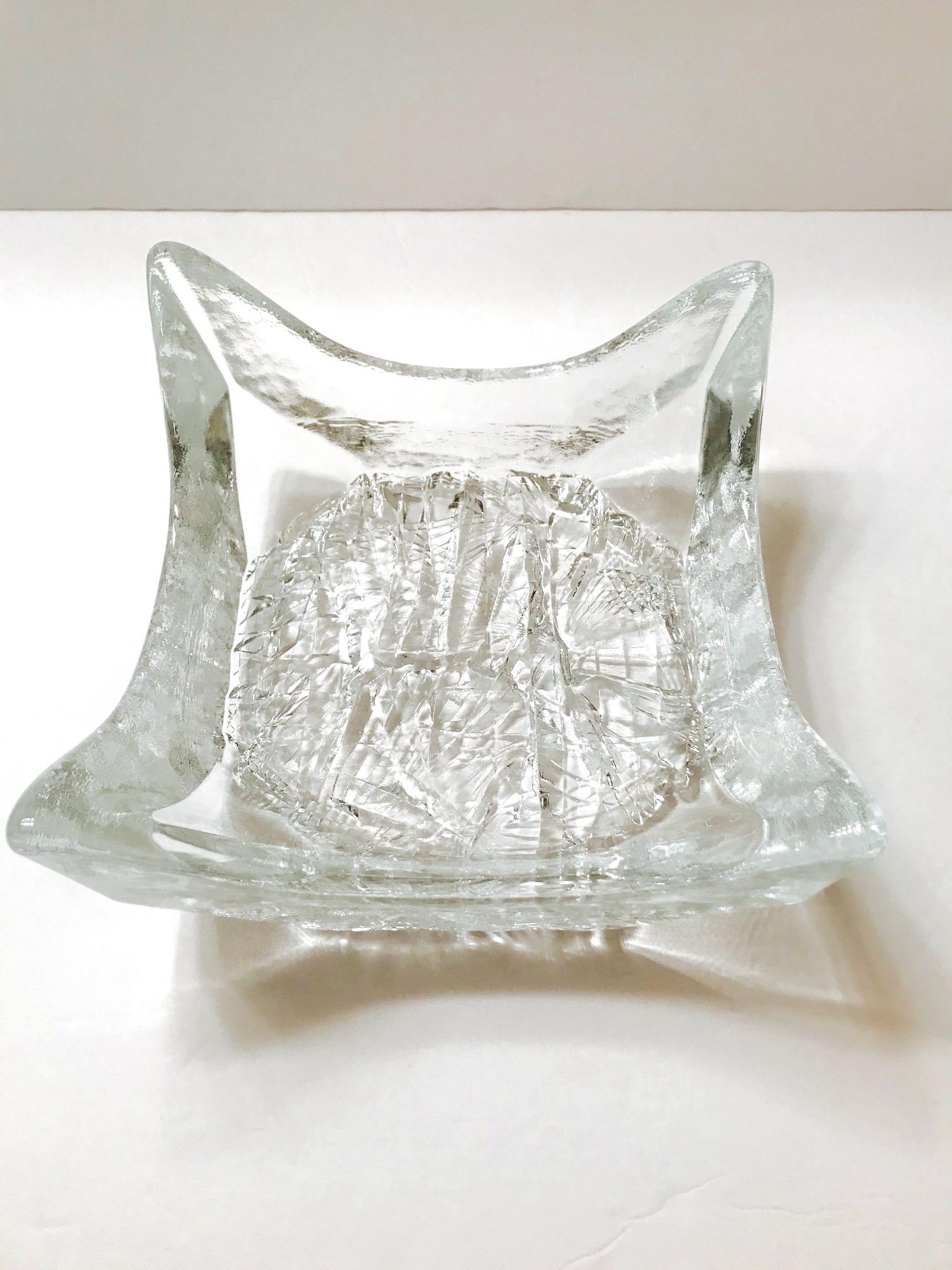 Finnish 1970s Abstract Ice Glass Bowl with Pointed Corners by Tapio Wirkkala, Finland