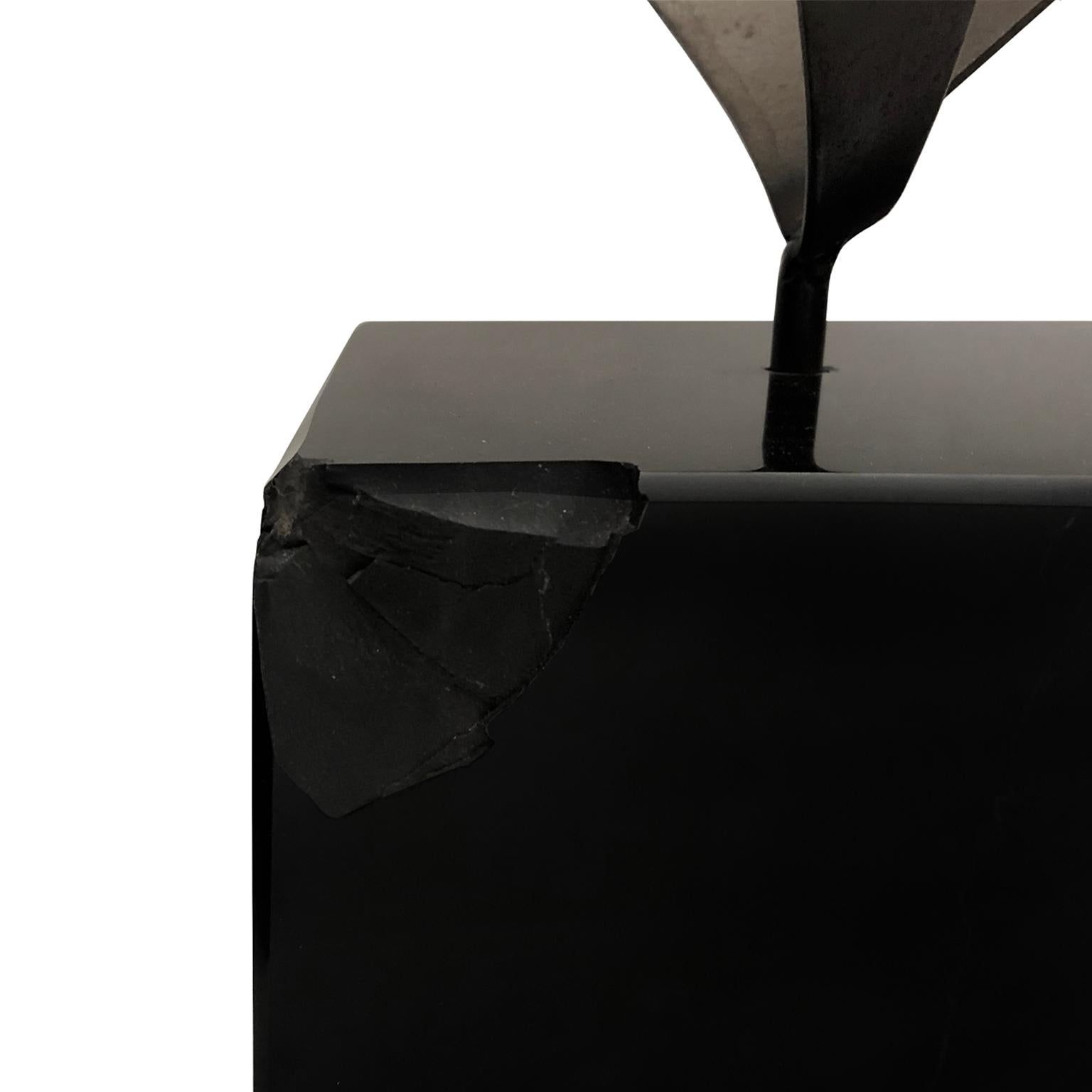 American 1970s Abstract Metal Wave Sculpture on Square Black Stone Base