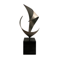1970s Abstract Metal Wave Sculpture on Square Black Stone Base