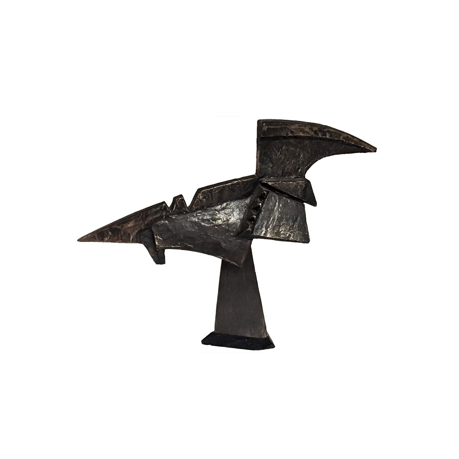 American 1970s Abstract Modernist Bronze Bird Form Sculpture on Ebonized Wood Base