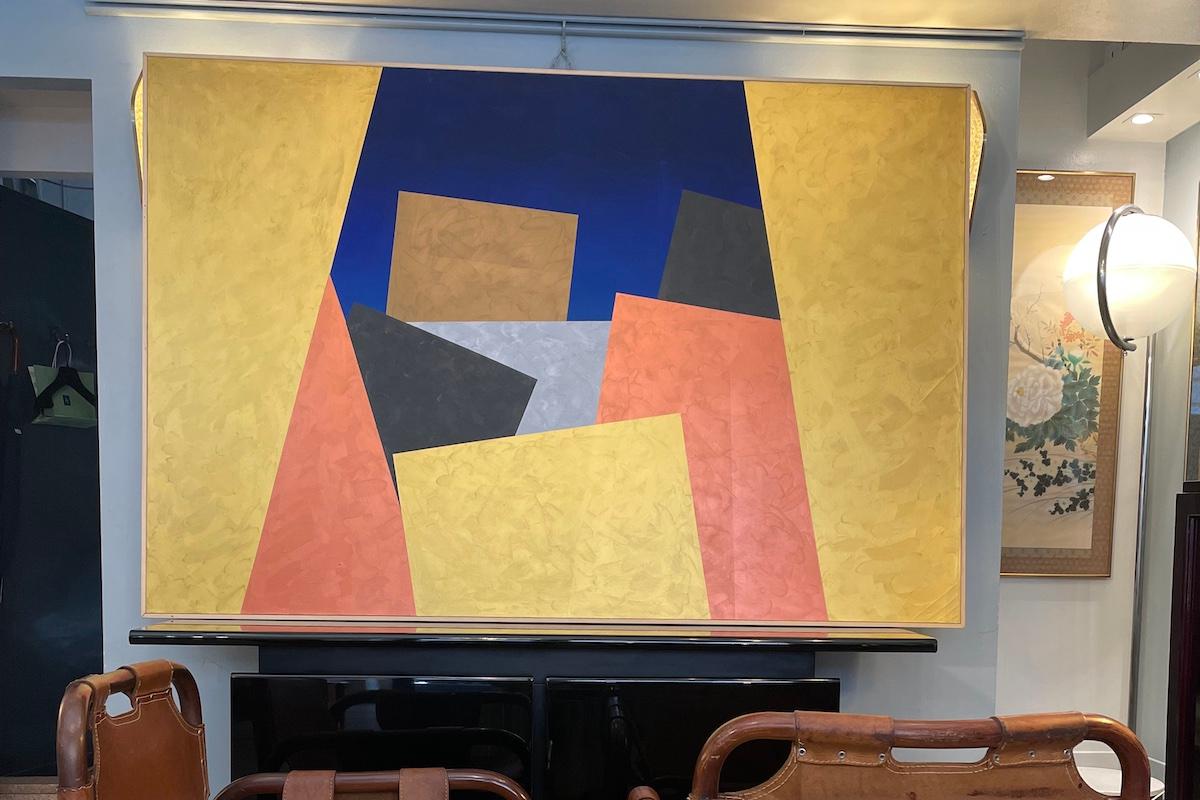 Pittura astratta degli anni '70 di Visentin raffigurante una città in vendita 9