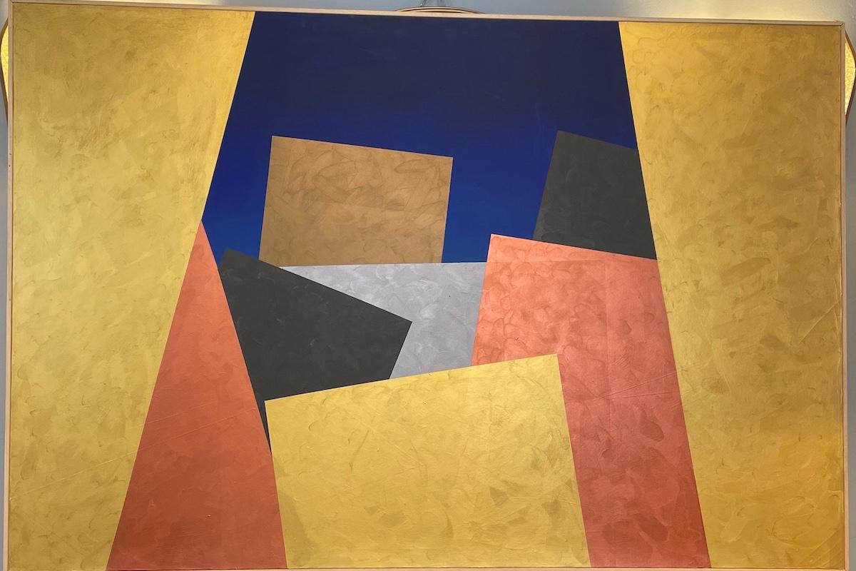 Mid-Century moderno Pittura astratta degli anni '70 di Visentin raffigurante una città in vendita