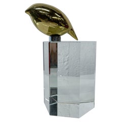 1970s Abstract Sculpture Bronze Bird Crystal Base