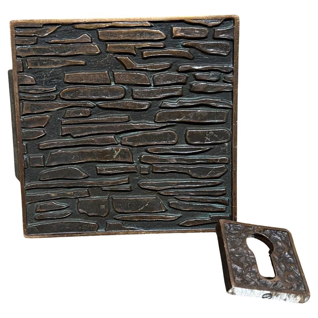 1970s Abstract Solid Bronze Door Handle and Keyhole Plate