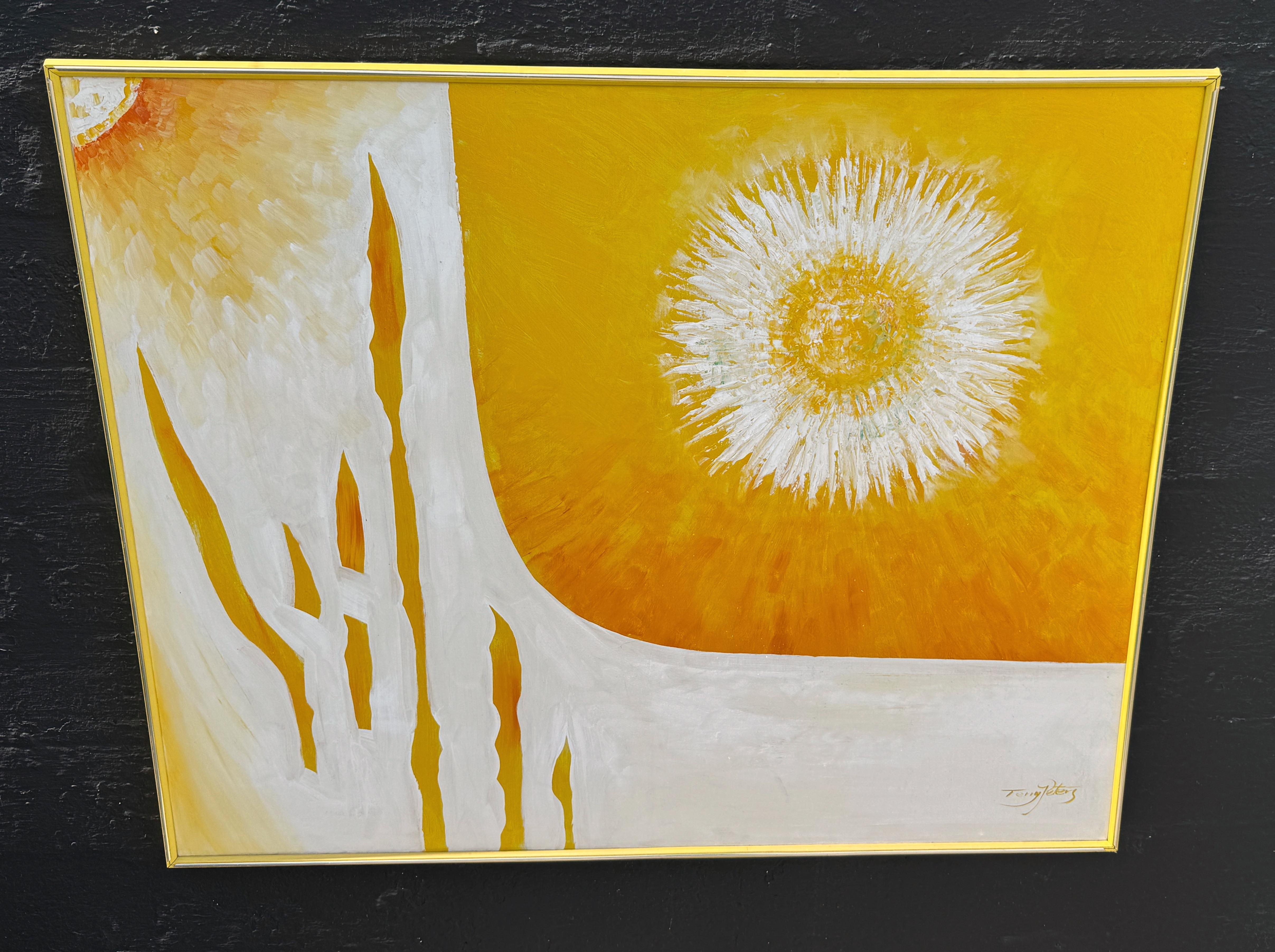 1970er Abstraktes Sonnenschliff-Öl auf Leinwand von Terry Peters 

Ein auffallendes, großformatiges, abstraktes Ölgemälde des amerikanischen Künstlers Terry Peters, das eine ausdrucksstarke Komposition in einer leuchtenden Palette aus Goldgelb, Weiß
