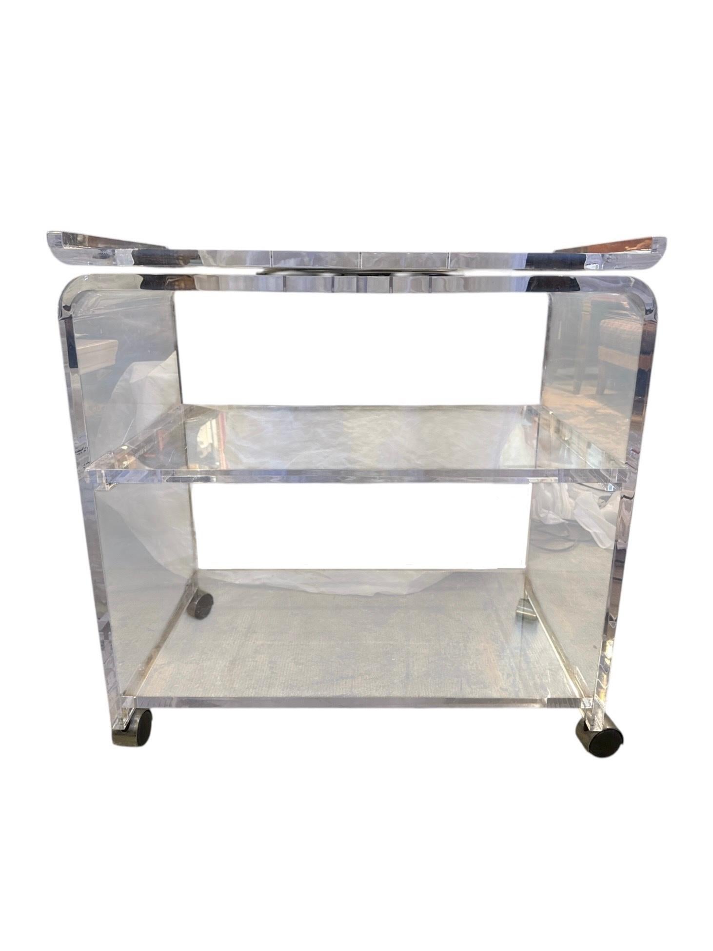 American 1970s Acrylic Lucite Glass Cart With a Rotating Top For Sale