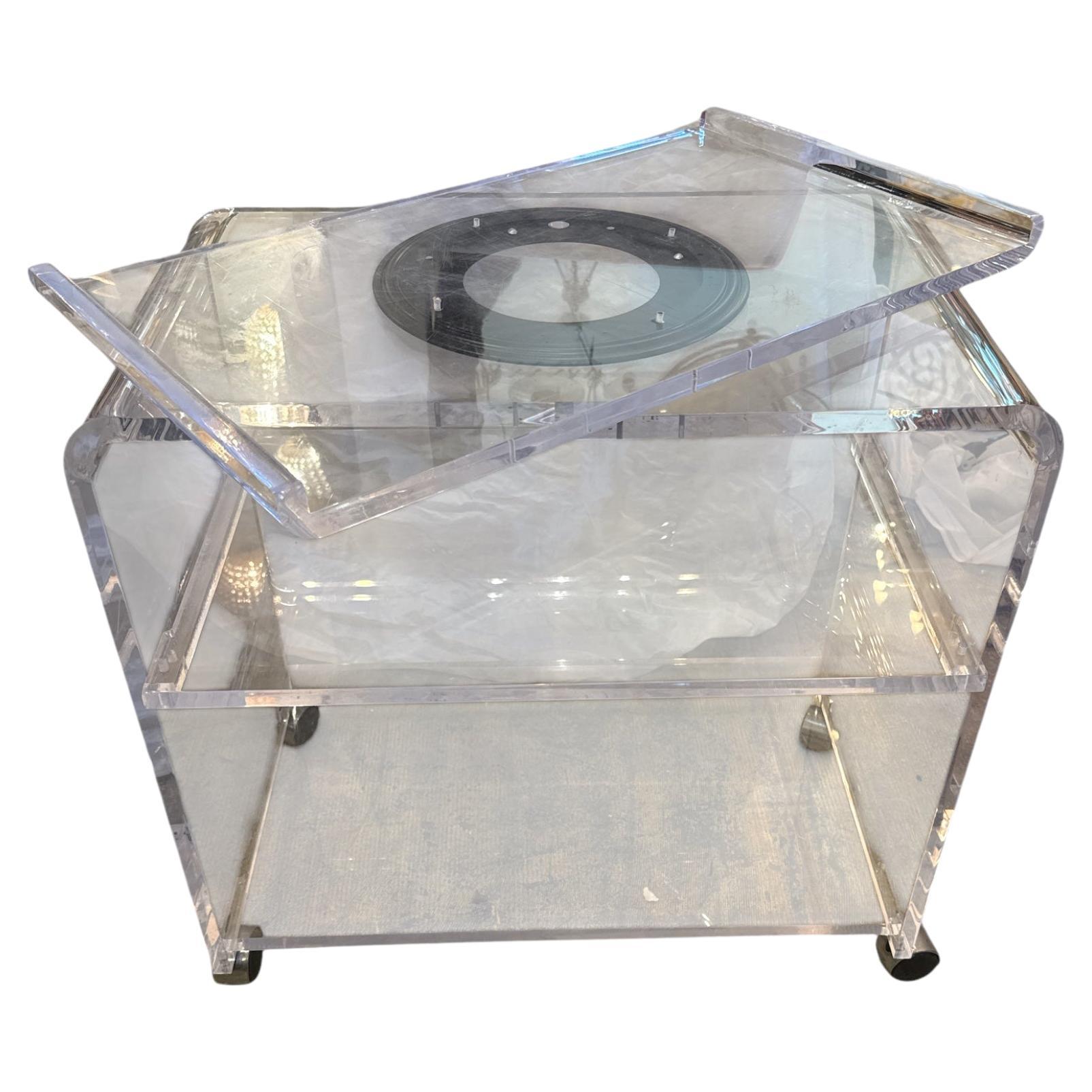 1970s Acrylic Lucite Glass Cart With a Rotating Top