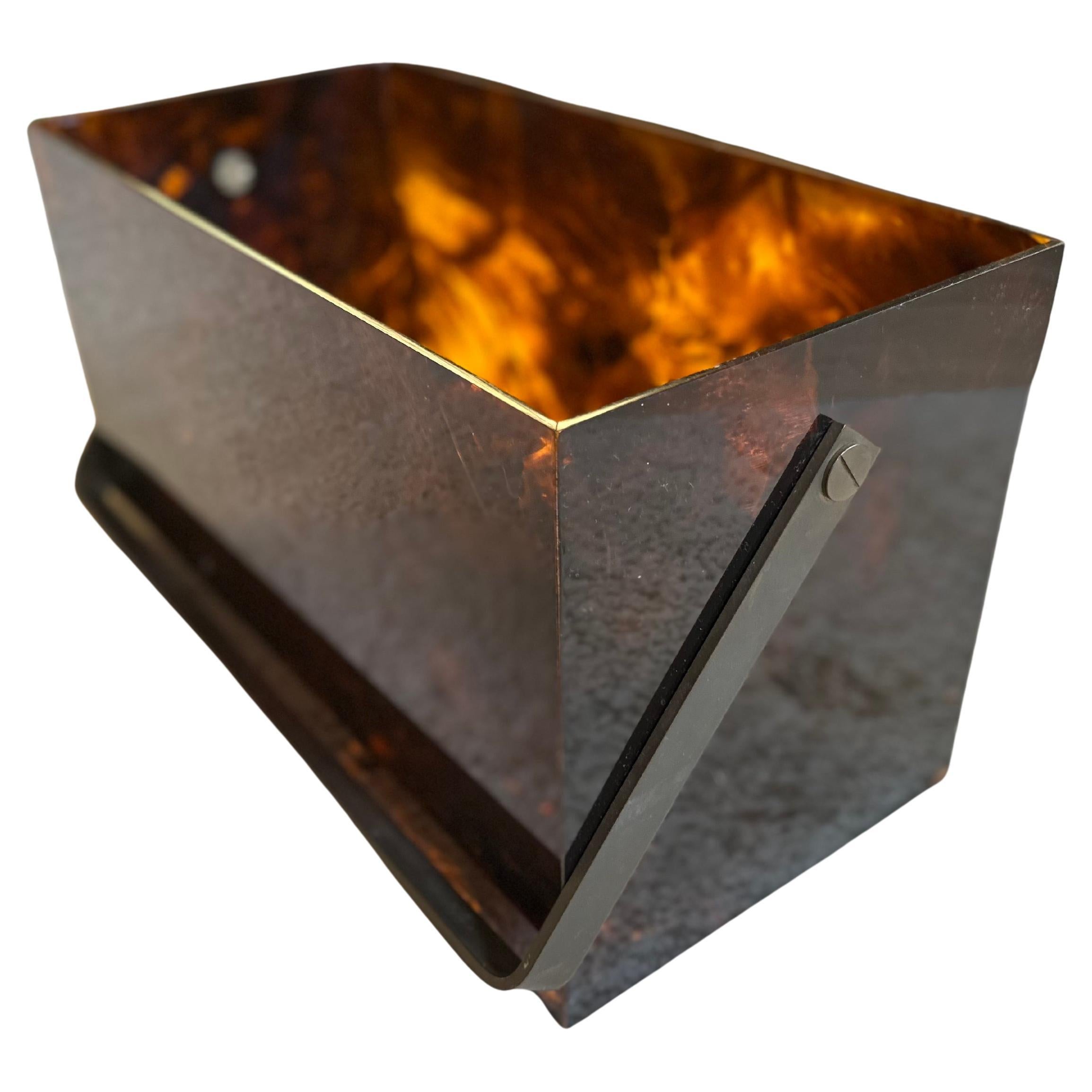 1970s Acrylic Magazine Box with Brass Handle in Faux Tortoiseshell Style
