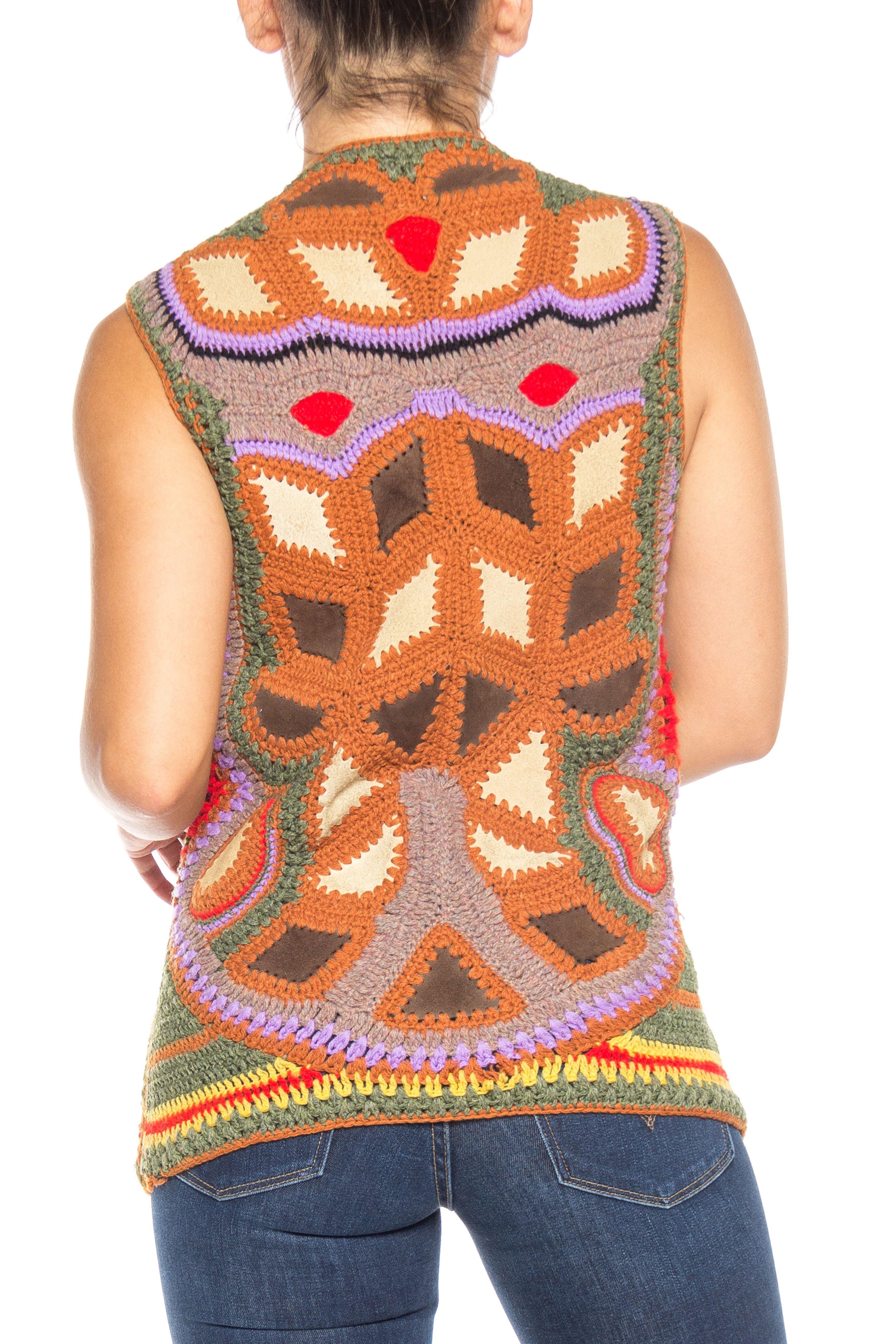 1970S Multicolor Acrylic Crochet & Suede Boho Vest 1