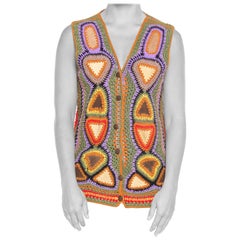 Vintage 1970S Multicolor Acrylic Crochet & Suede Boho Vest