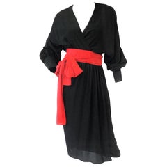 1970s Adele Simpson Black and Red Wrap Dress 