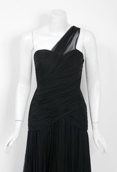 Vintage 1970's Adele Simpson Black Draped Silk Chiffon One-Shoulder Goddess Gown