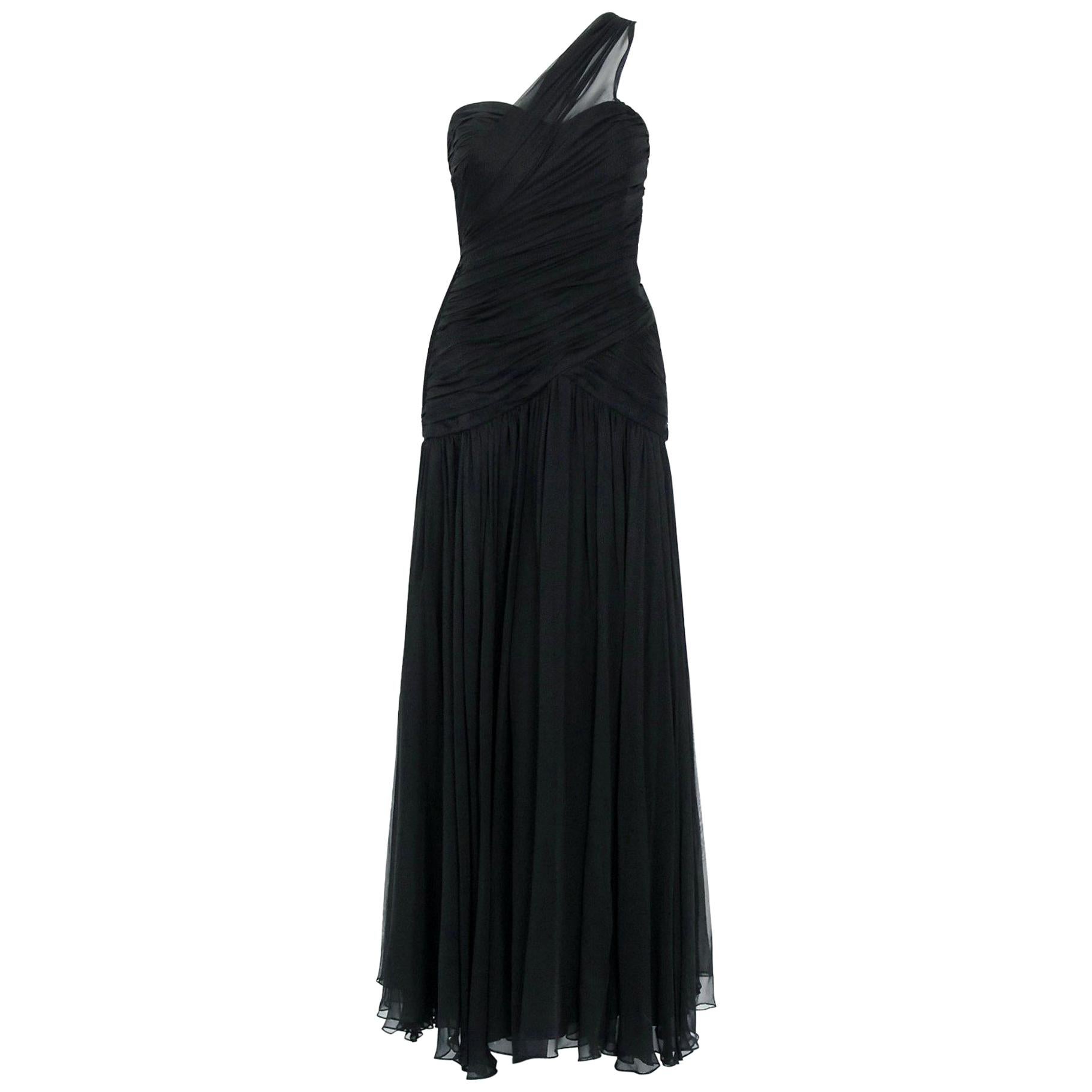 1970's Adele Simpson Black Draped Silk Chiffon One-Shoulder Goddess Dress Gown