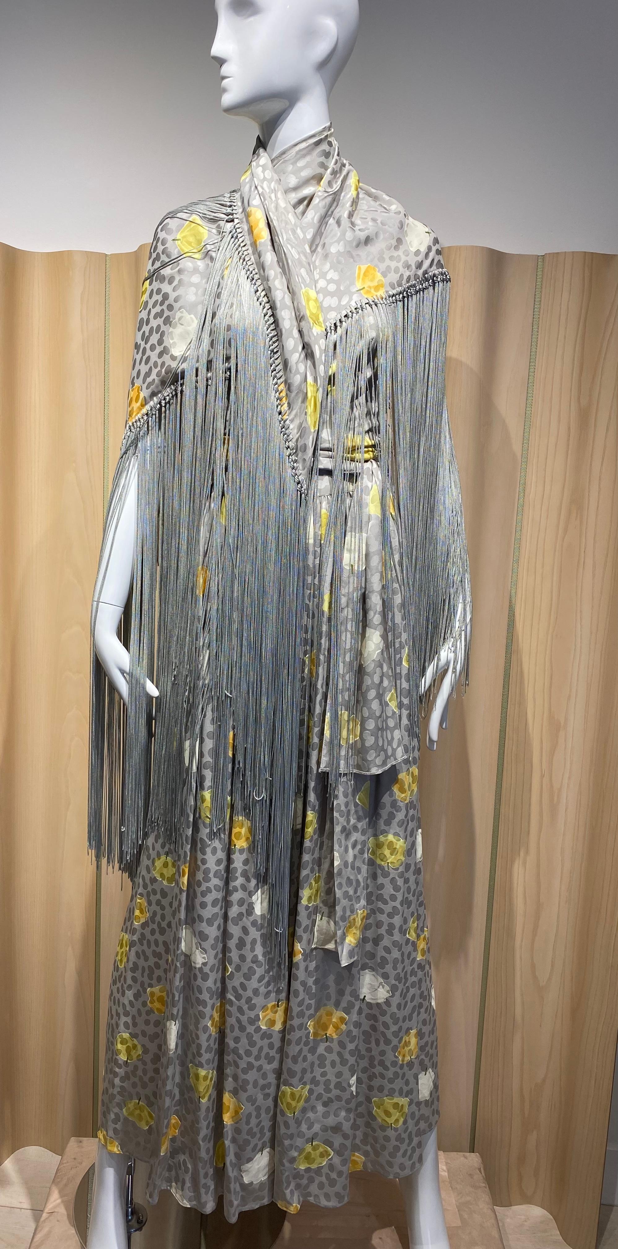 1970s Adele Simpson Grey Silk Floral Print Halter Top, Pants and Shawl For Sale 4