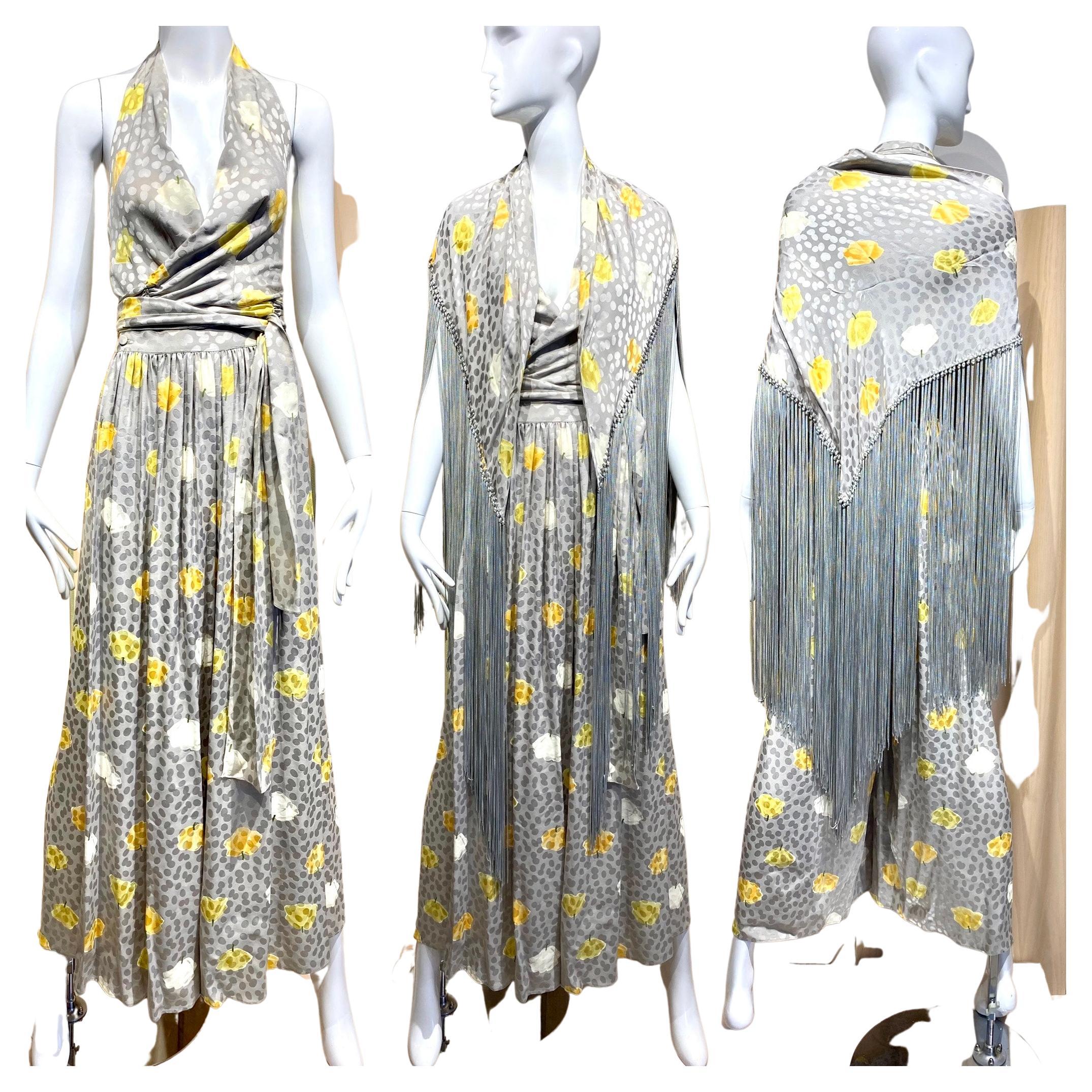 1970s Adele Simpson Grey Silk Floral Print Halter Top, Pants and Shawl
