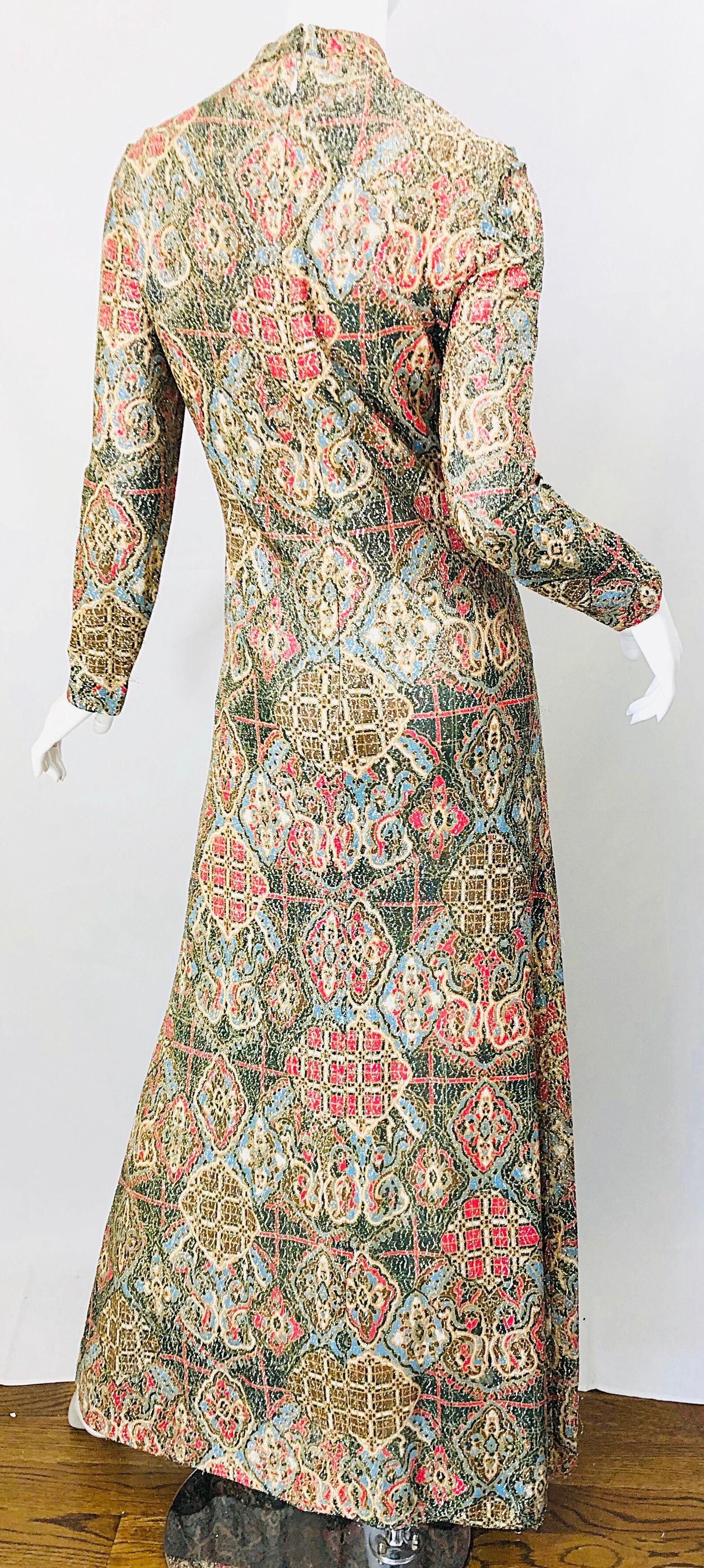 1970s Adele Simpson Lurex Silk Metallic Baroque Ethnic Print Cheongsam 70s Gown  2