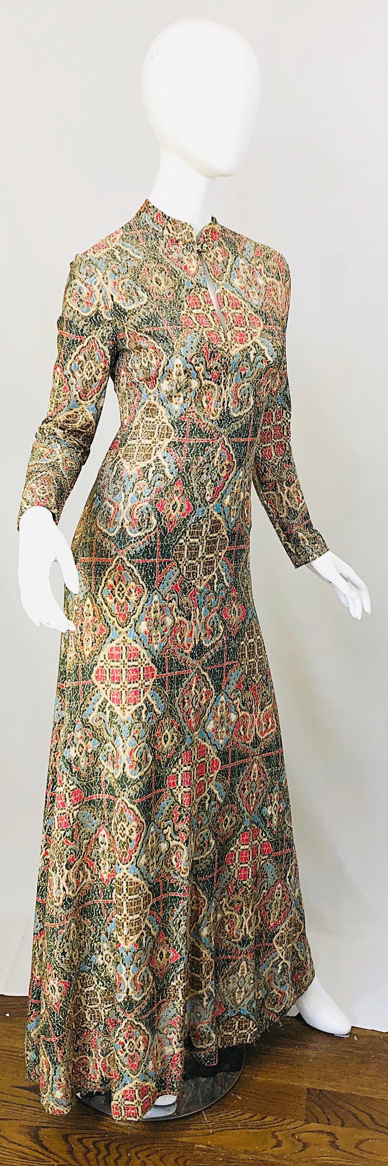 1970s Adele Simpson Lurex Silk Metallic Baroque Ethnic Print Cheongsam 70s Gown  3