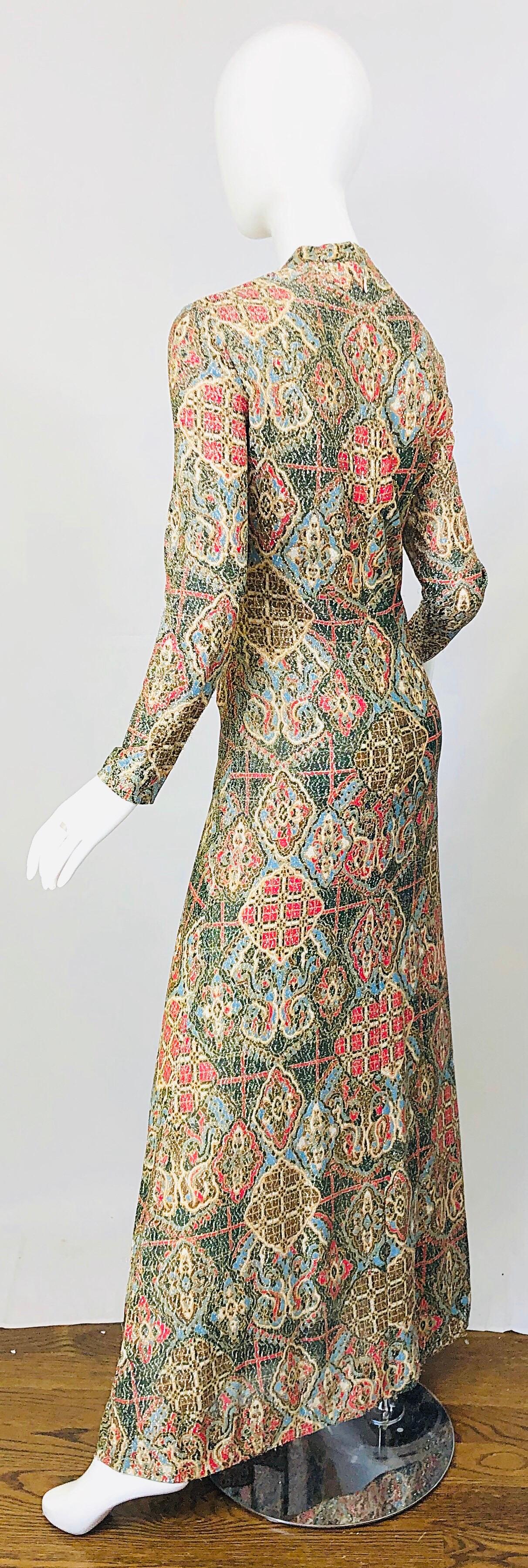 1970s Adele Simpson Lurex Silk Metallic Baroque Ethnic Print Cheongsam 70s Gown  4