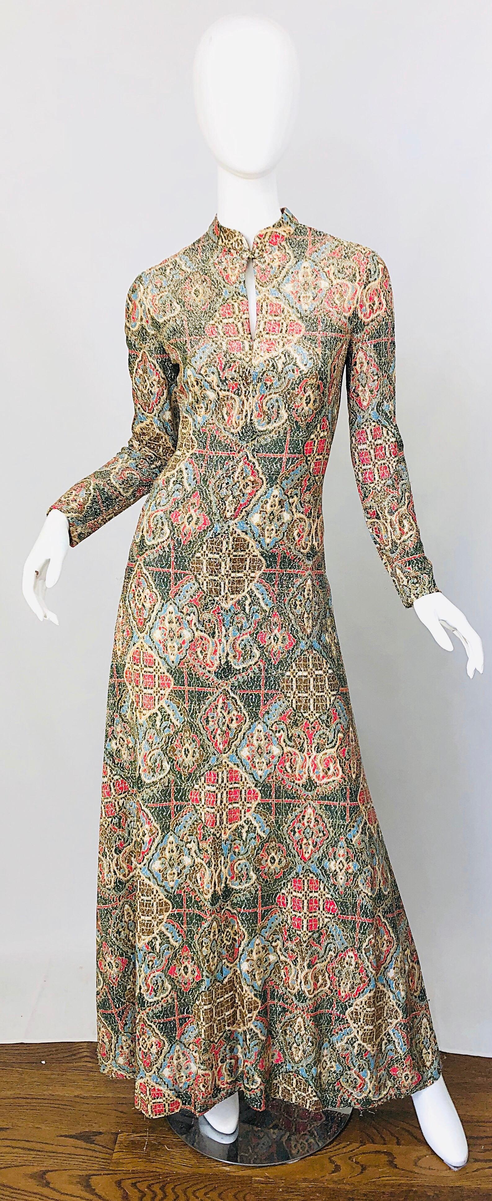 1970s Adele Simpson Lurex Silk Metallic Baroque Ethnic Print Cheongsam 70s Gown  5