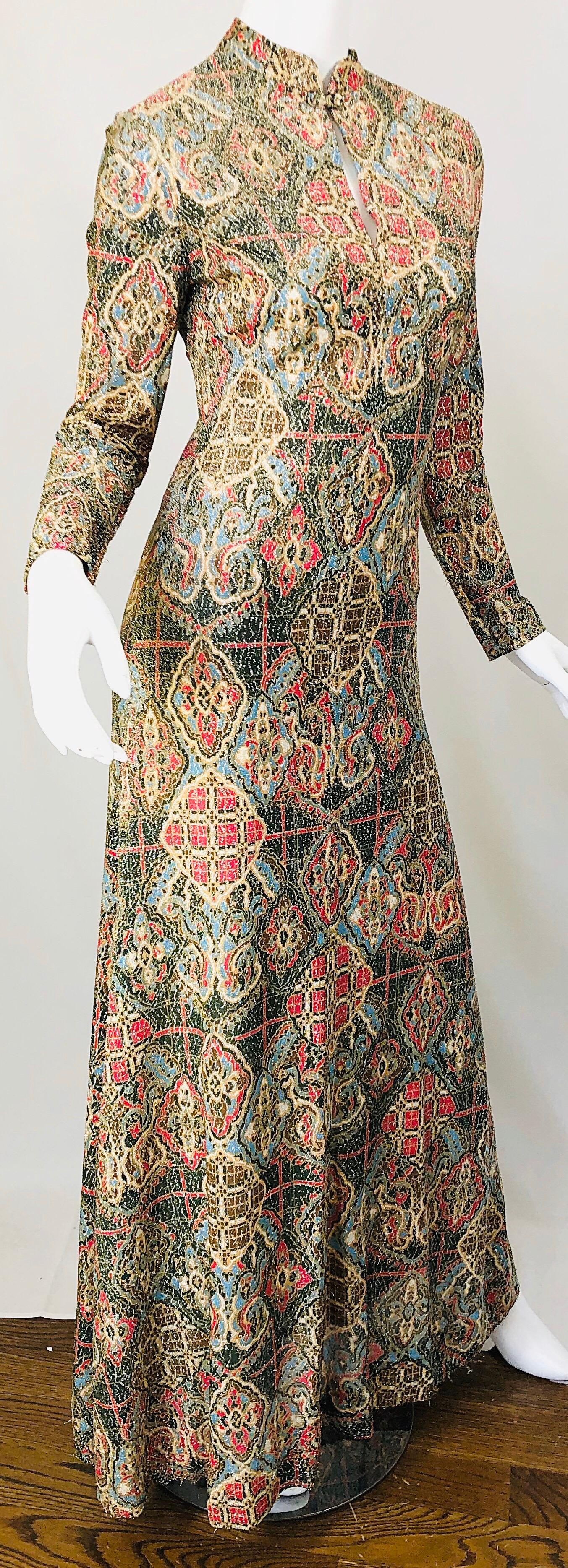 Brown 1970s Adele Simpson Lurex Silk Metallic Baroque Ethnic Print Cheongsam 70s Gown 
