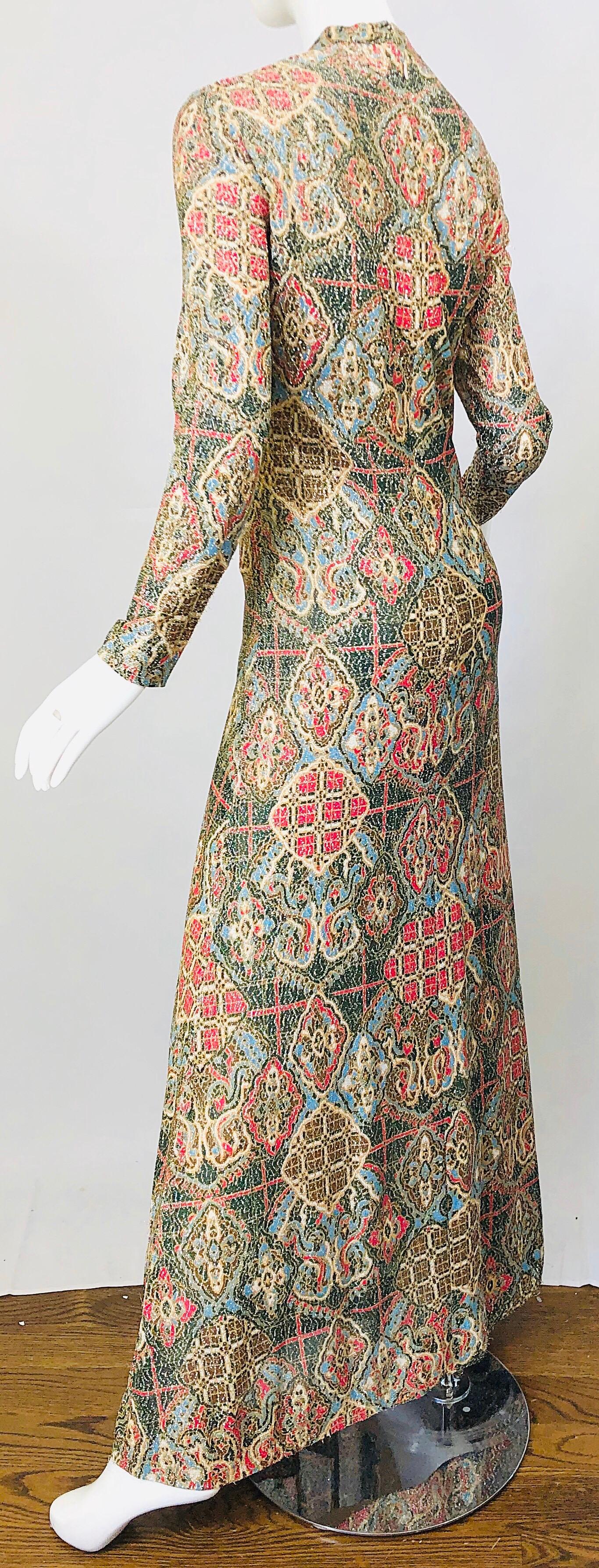 Women's 1970s Adele Simpson Lurex Silk Metallic Baroque Ethnic Print Cheongsam 70s Gown 