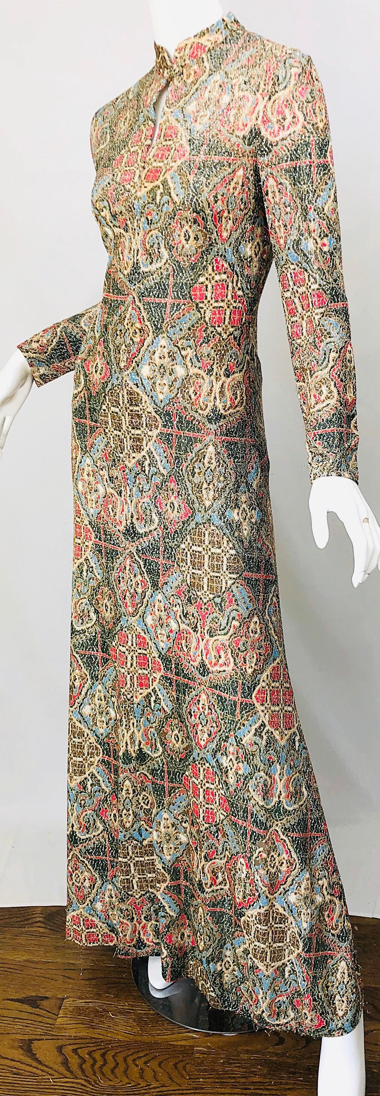 1970s Adele Simpson Lurex Silk Metallic Baroque Ethnic Print Cheongsam 70s Gown  1