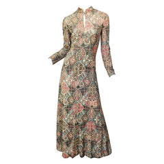 1970s Adele Simpson Lurex Silk Metallic Baroque Ethnic Print Cheongsam 70s Gown 