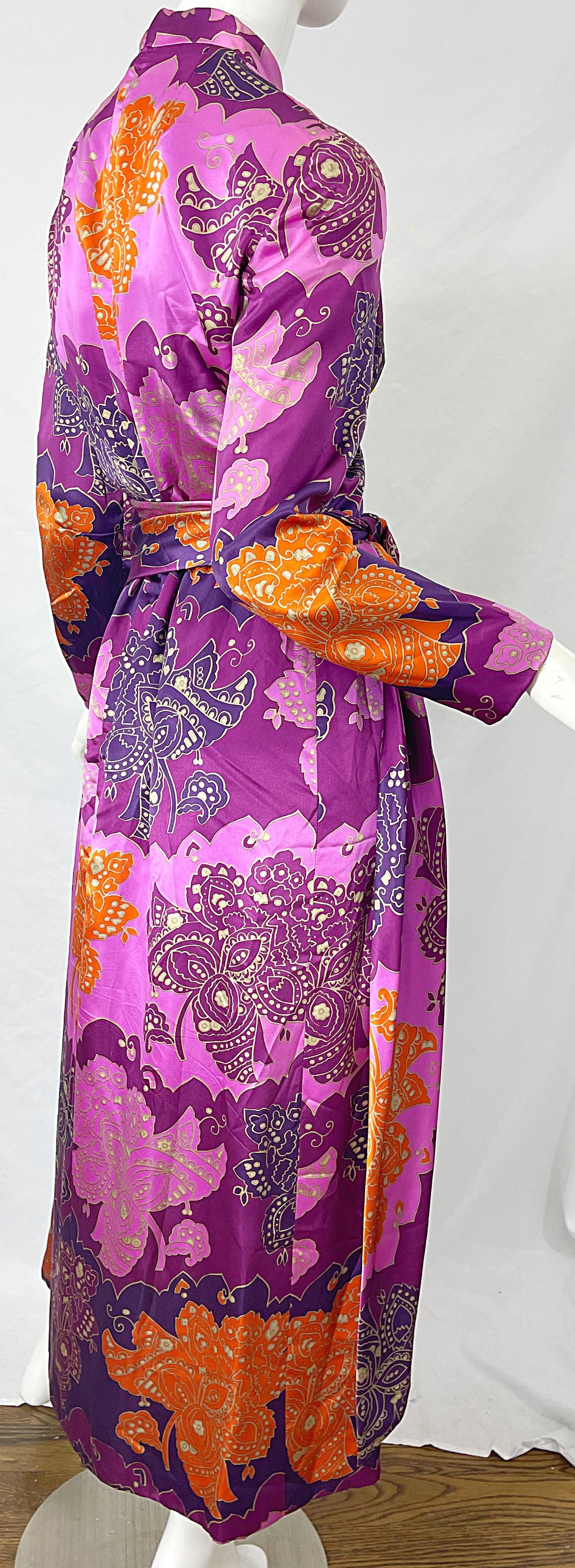 1970s Adele Simpson Paisley Print Long Sleeve Purple Vintage 70s Maxi Dress Belt For Sale 4